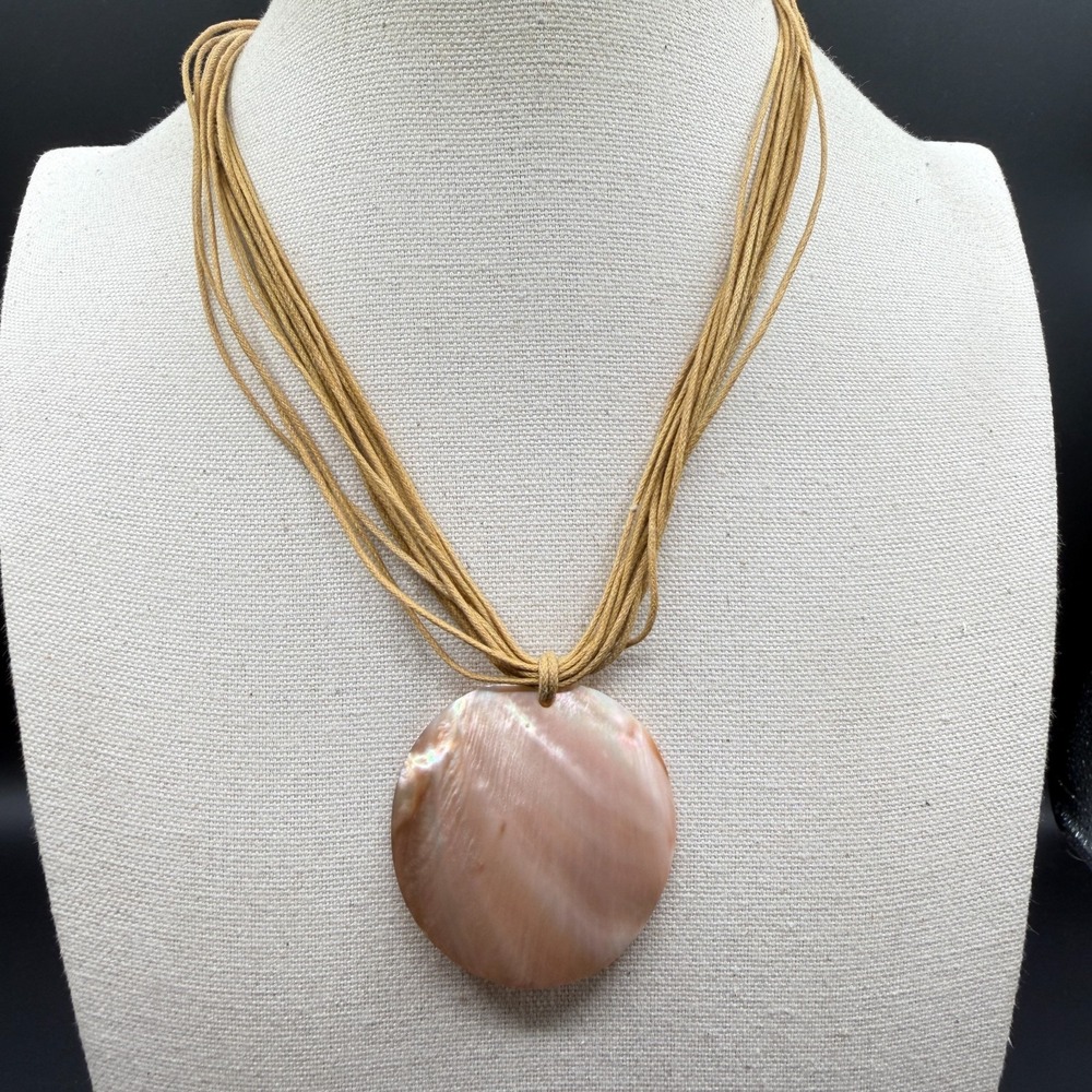 Pink Mother of Pearl Shell Pendant Necklace Multi Strand Tan Cord Boho Coastal